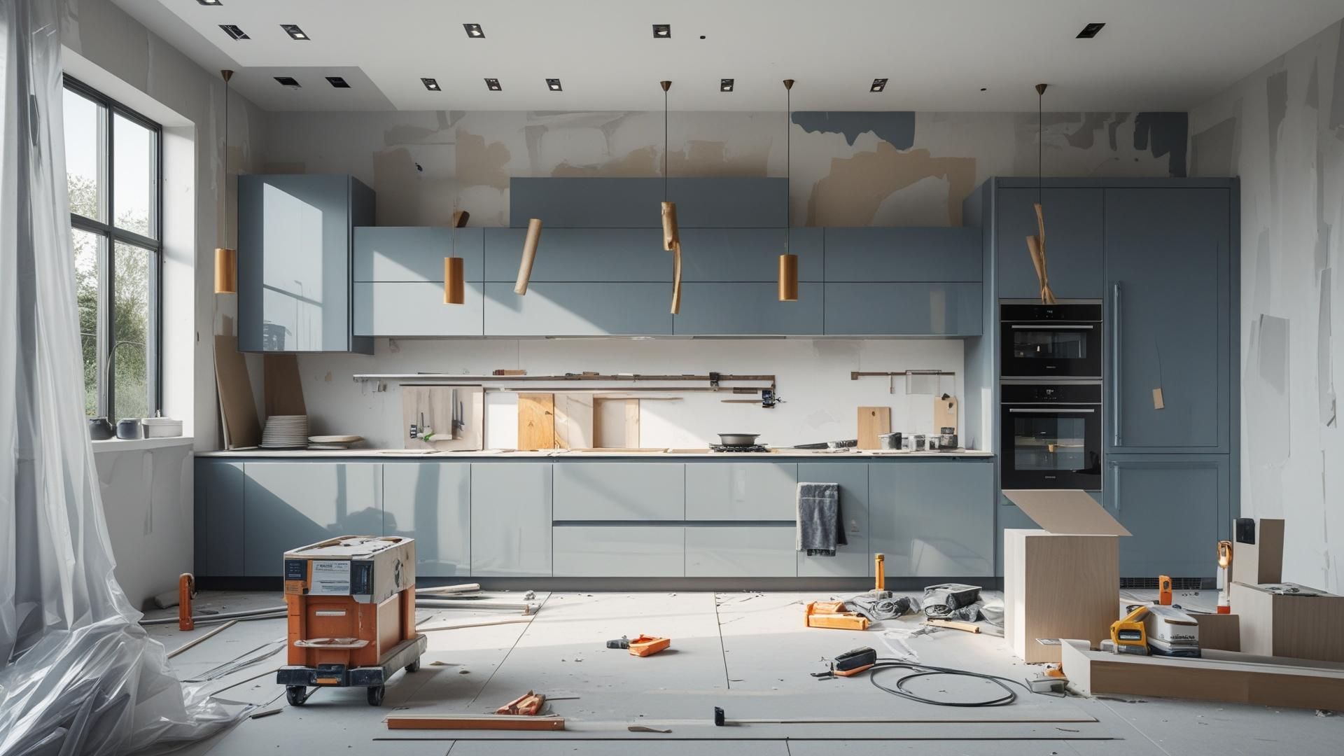 Ljust kök under renovering med dammblå skåp, kopparlampor och ekgolv